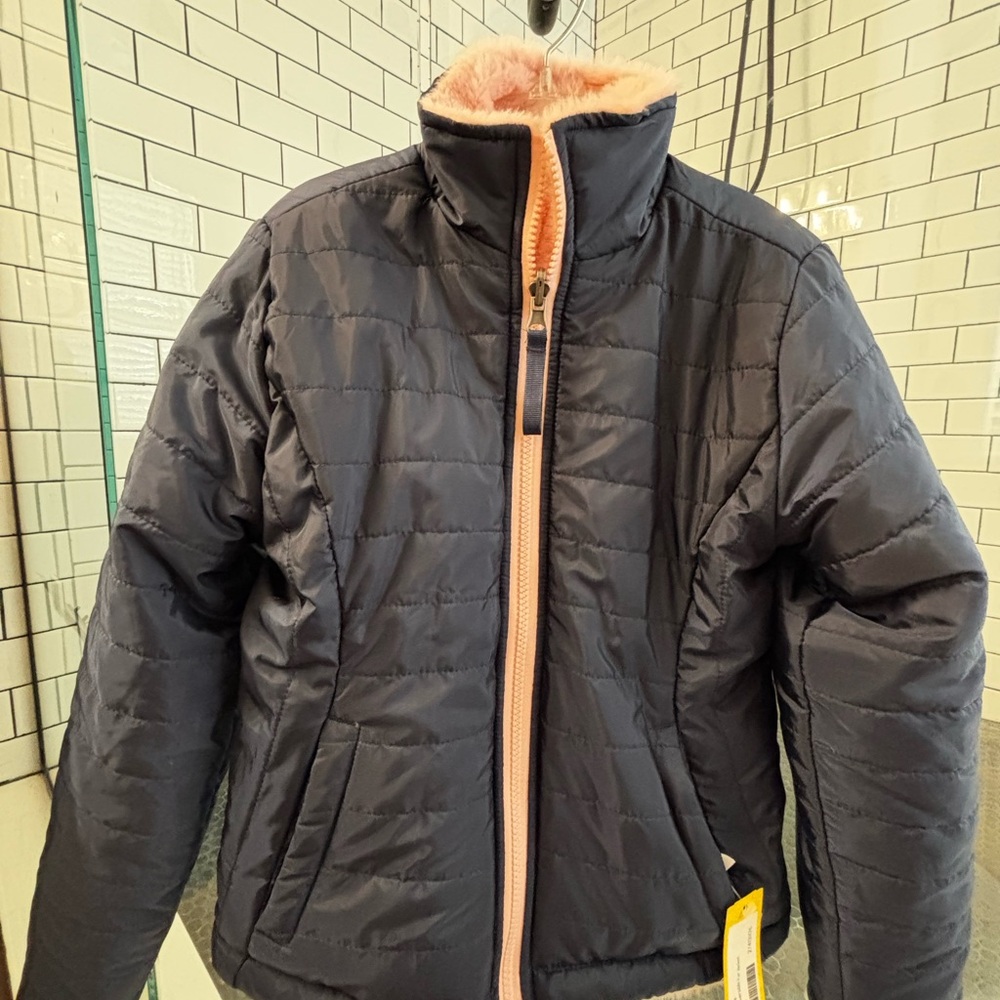 Navy Puffer Jacket with Pink Lining